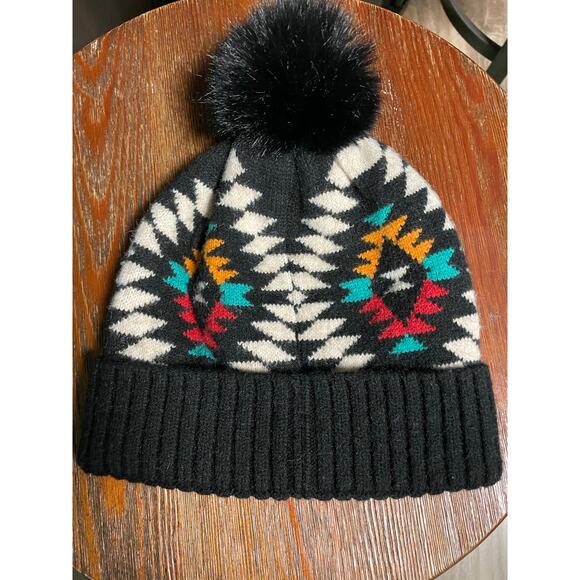 C.C kids Hat winter cap black pom pom Aztec design multi color faux fur - Picture 2 of 5